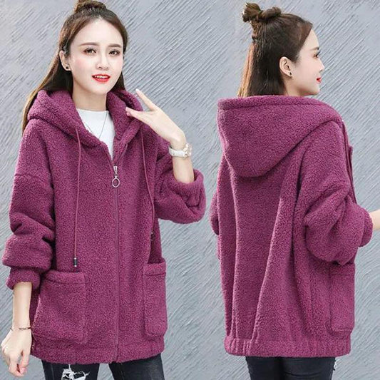 Autumn and Winter Ladies Lamb Velvet Jacket Thick and Loose Large Size Hooded Long-sleeved Zipper Jacket