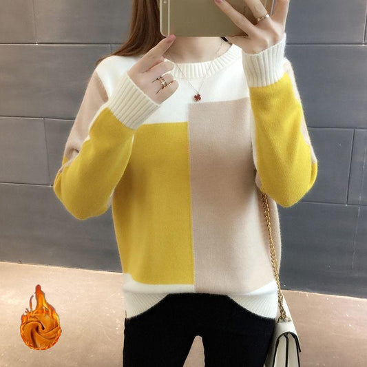 Candy-colored Knitted Bottoming Shirt Color-blocking Padded Jacket Long-sleeved Round Neck Plus Size Sweater Women