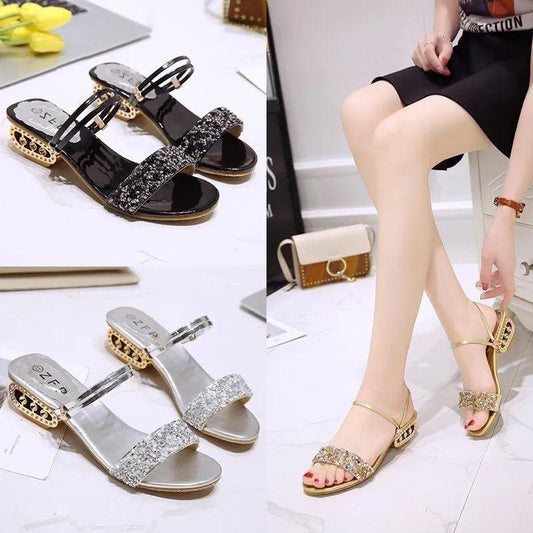 Women's Summer All-match Thick Heel Flat Rhinestone Sandals Dual-use Slippers Non-slip Wear-resistant Sandals Simple Casual Beach Shoes