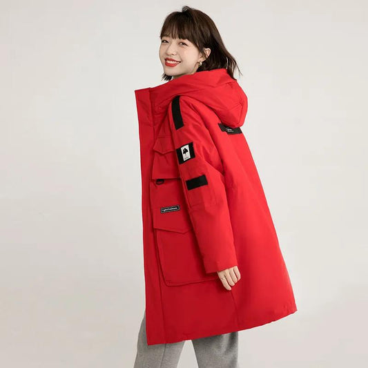 Down Jacket Women's Mid-length High-end Tooling Large Pockets Loose Thickened Coat Winter Warm Drop-shoulder Cotton Clothes Casual Outdoor Jacket