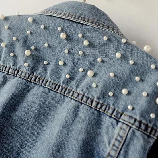 Women's Autumn Large Size Denim Jacket Full Sleeve Loose Button Pearls Short Lapel Casual Denim Coat