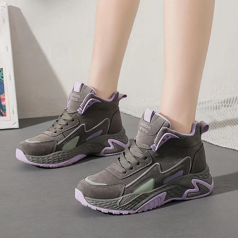 Women's Winter Leather High-top Shoes Female Autumn Casual Flat Cotton Shoes Plush Sports Running Shoes