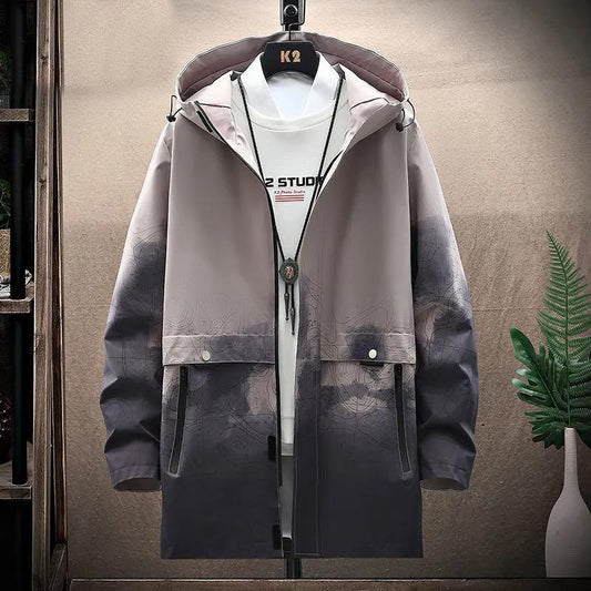 L-8XL Oversized Ink Pattern Windbreaker Casual Hooded Coat Spring Waterproof Jacket Men Comfortable Top Long