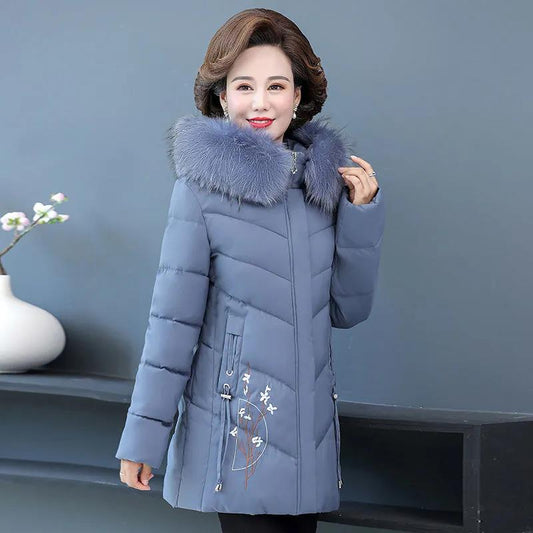 Middle-aged and Elderly Cotton-padded Mothers Wear Winter Western-style Women's Padded Jacket with Large Fur Collar Thick Embroidered Jacket