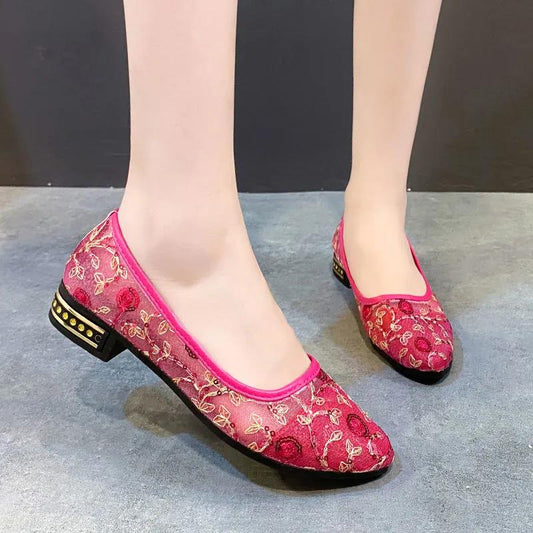 Women's Summer Cloth Shoes Flat Mesh Hollow Shoes Mid-heel Sandals