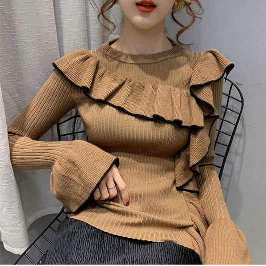 Ruffle Knit Bottoming Sweater Autumn and Winter Fashion Outer Blouse Thick Round Neck Jacket