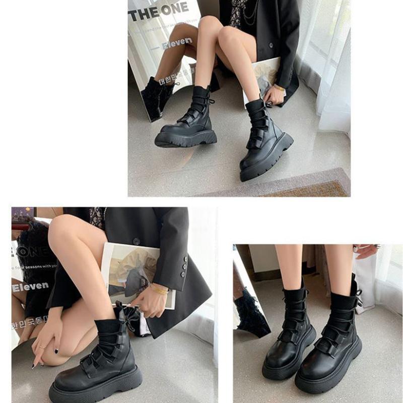 Winter Women's Martin Boots Thick and Fleece Mid-tube Boots Knitted Lace-up Platform Boots