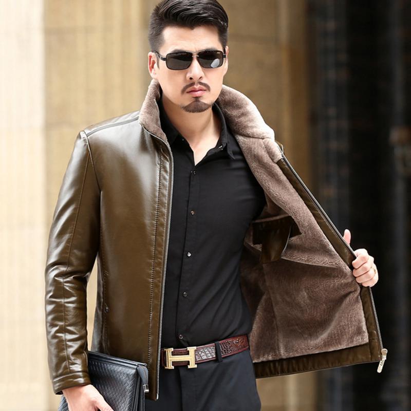 Winter leather men's fur one plus velvet thick jacket large size long-sleeved jacket men's clothing