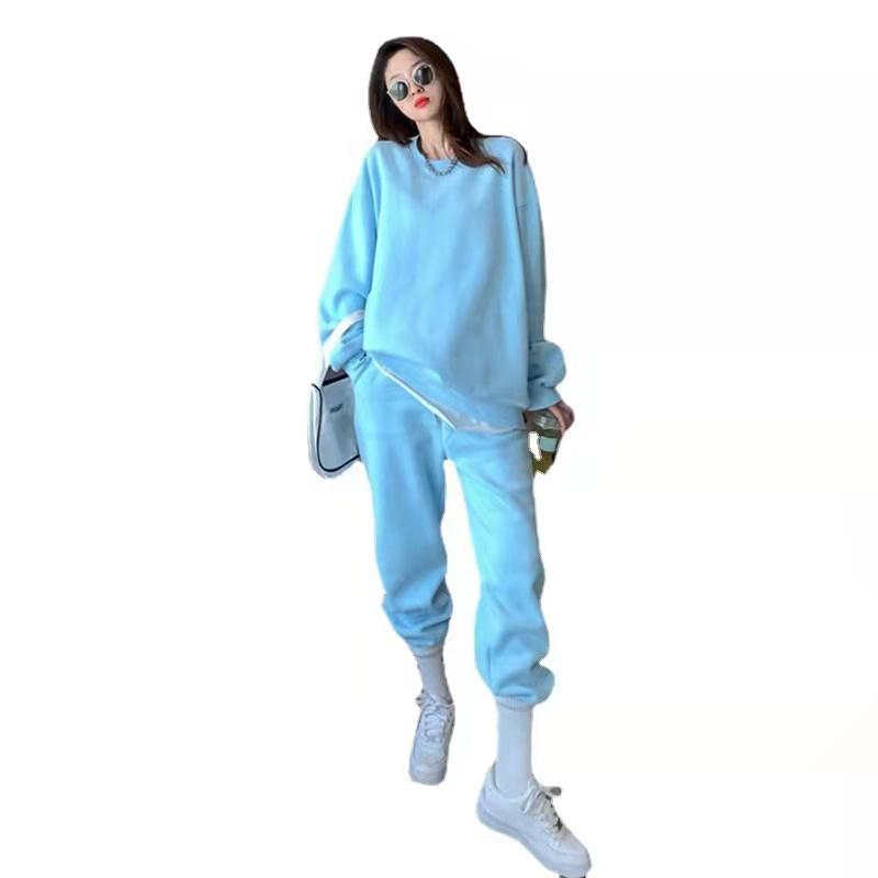 2PCS Women's Velvet Thickened Loose and Thin Sports Suit Two-piece Casual Sweater Solid Color Casual Sweater Suit Autumn Trousers Hooded Sweater