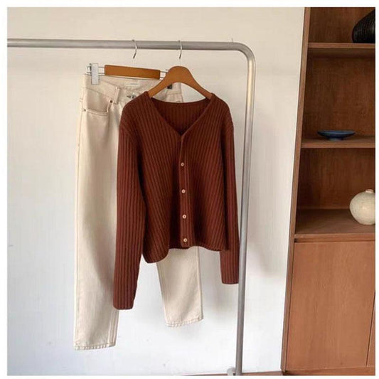 Autumn and Winter Cardigan Sweater European and American Style V-neck Blouse Long Sleeve Pure Color Youth Female Jacket