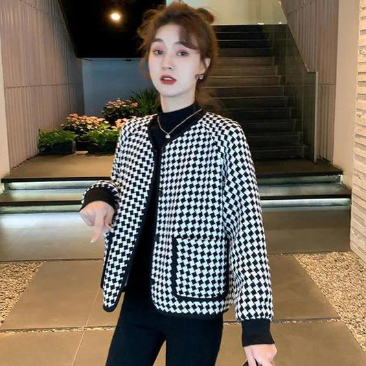 Temperament Small Fragrance Round Neck Houndstooth Short Coat Women's Spring and Autumn All-match Long-sleeved Round Neck Top