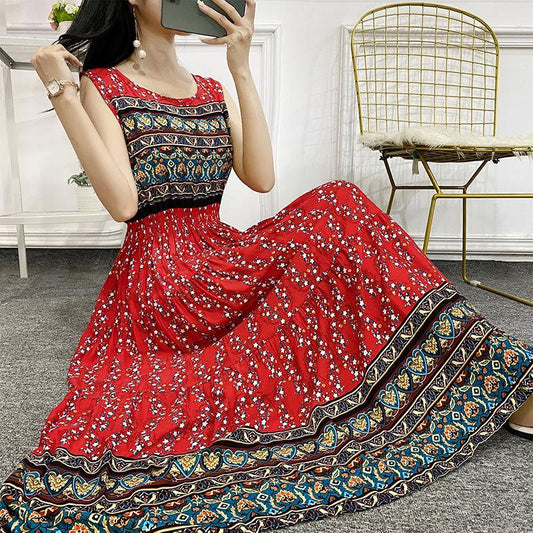 Bohemia Summer Ethnic Print Dress Round Neck Sleeveless Loose High Waist Cotton Silk Vest Beach Skirt
