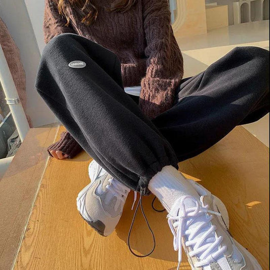Plus Velvet Thick Gray Sweatpants Female Winter Students Loose Trousers Wide Leg Pants Lamb Wool Warm Casual Pants