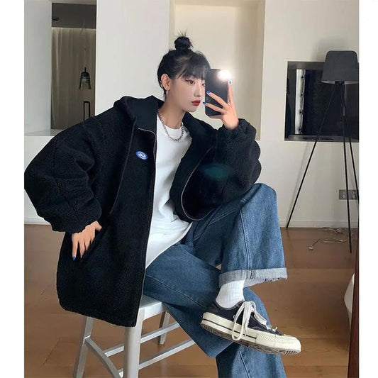 Two-sided Polar Fleece Jacket Winter Thick Embroidered Hooded Zipper Lamb Wool Jacket Suitable for Young Women