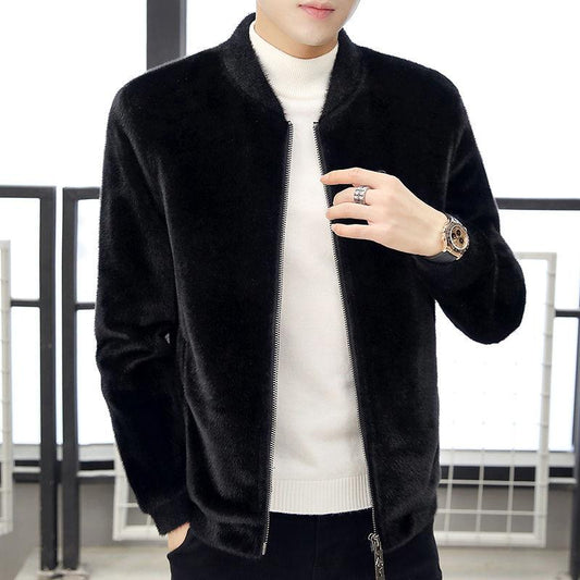 Autumn and Winter Men's Short Jacket Korean Style Slim Knit Jacket Gray Faux Fur Casual Jacket