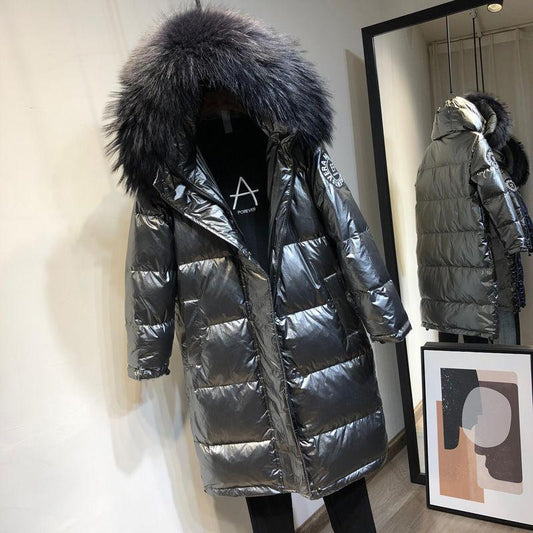 Winter Down Jacket Women Mid-length Over The Knee Blue Shiny Large Fur Collar Thick