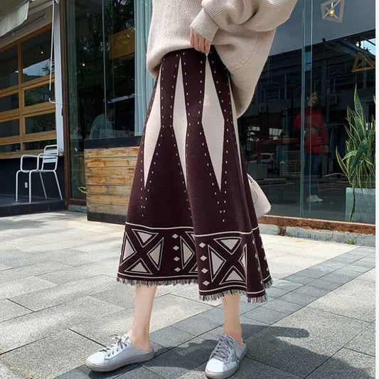 Autumn and Winter High Waist Retro Geometric Pattern A-line Skirt Female Ethnic Style Tassel Knitted Skirt Mid-length Exotic Style