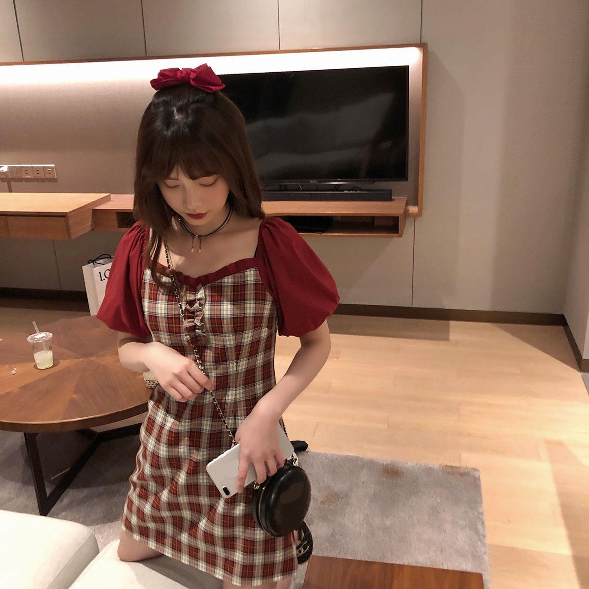 Female Plaid Stitching Contrast Dress Slim and Puff Sleeve Open Back Square Neck Dress