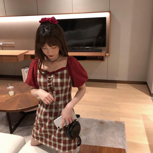 Female Plaid Stitching Contrast Dress Slim and Puff Sleeve Open Back Square Neck Dress