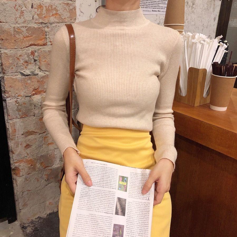Pofulove 10 Colors Women Knitted Cute Solid Half Turtleneck Loose Sweater Blouse Solid Color Sweater