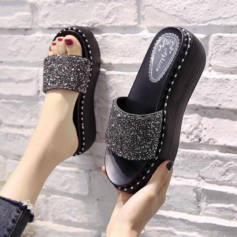 High-heeled Rhinestone Sandals and Slippers Women's Summer Wear All-match Rivets Thick-soled One-word Drag High-heeled Sandals and Crystal Sequins