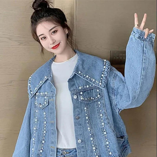 Loose Spring and Autumn Denim Jacket Women's Hong Kong Style Retro Beaded Cropped Top