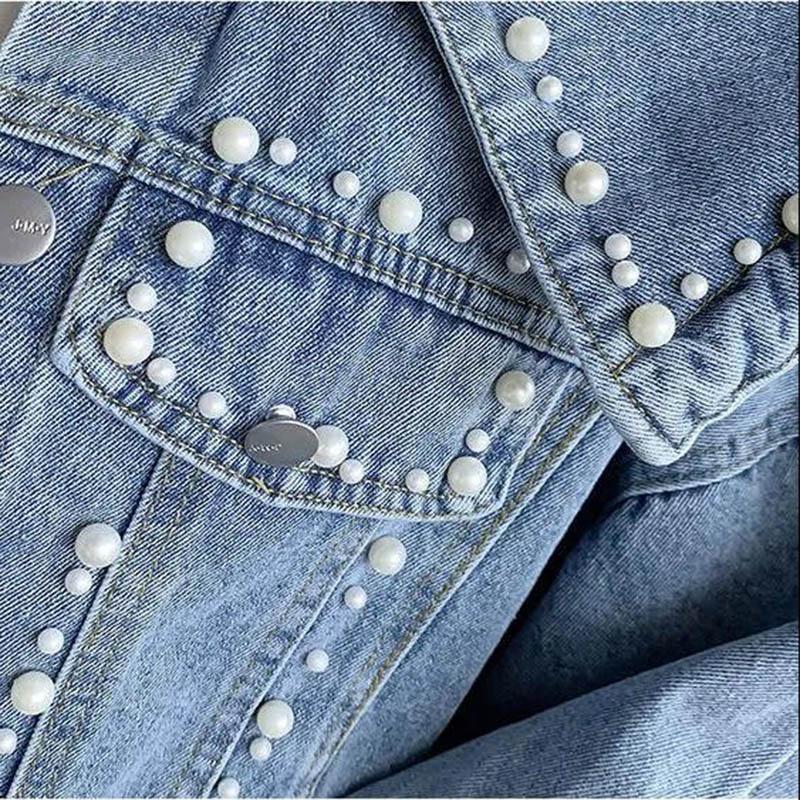 Loose Spring and Autumn Denim Jacket Women's Hong Kong Style Retro Beaded Cropped Top