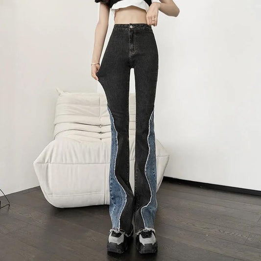 High Waist Elastic Micro Jeans Female Spring and Autumn Slim Slimming Color Stitching Wide Leg Trumpet Pants