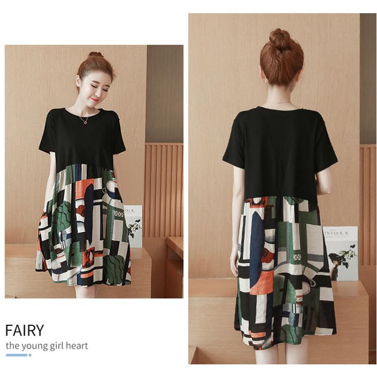 Splicing Vintage M-XXXXXL Summer Polyester Short-sleeved Knee-length A-line Dress