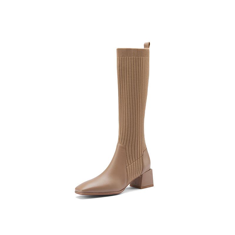 Women's Leather Socks and Long Boots But The Knee Is Thinner Stretch Knit Mid-tube High-heeled High Boots