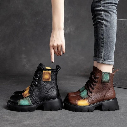 Thick-heeled Martin Boots Women's Spring and Autumn Soft Leather Color Short Boots High-heeled Waterproof Platform Retro Single Boot