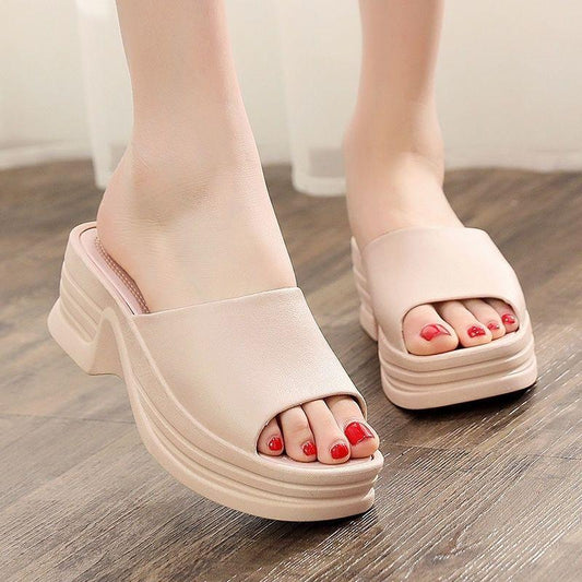 Simple Solid Color Bathroom Non-slip Indoor and Outdoor Sponge Cake Thick Bottom Increased One-word Female Drag Is Light and Comfortable