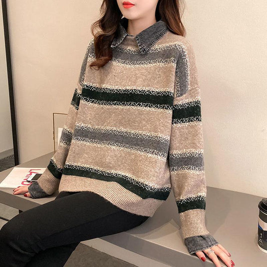 Fake Two Piece Stitching Shirt Denim Collar Sweater Women Autumn and Winter Korean Loose Fashion All-match Blouse Women