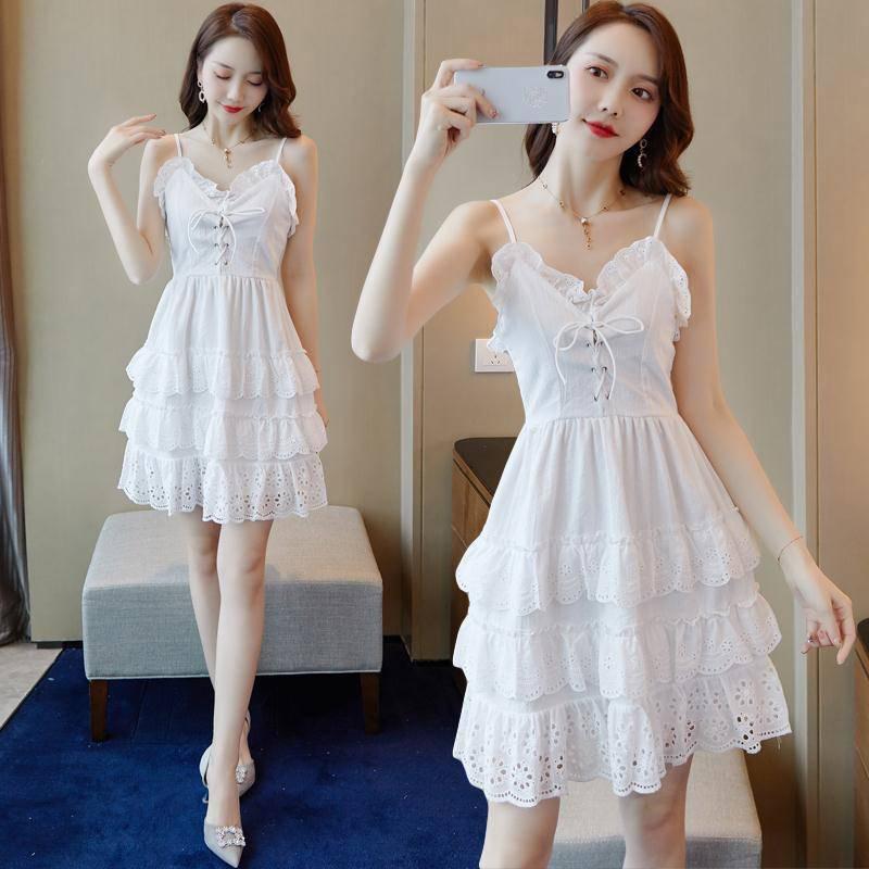 Fashion Summer Sexy V-neck Multi-layer Strap Dress Ruffled Lace Dress Backless Vacation Beach Dress