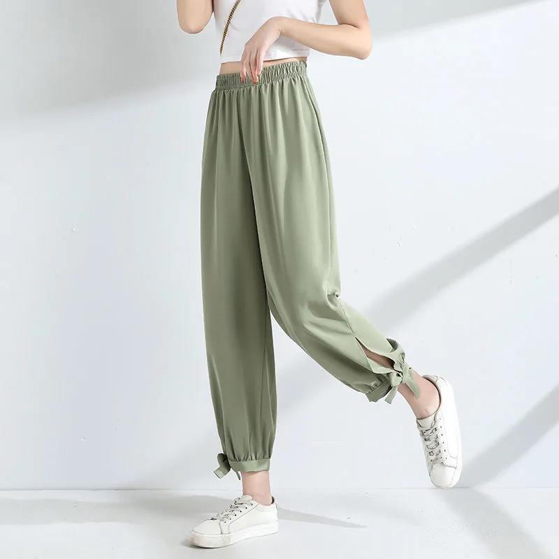 Women Summer Ice Silk Lantern Pants Chiffon Loose Solid Color Cropped Pants Elastic Waist Thin Sports Pants