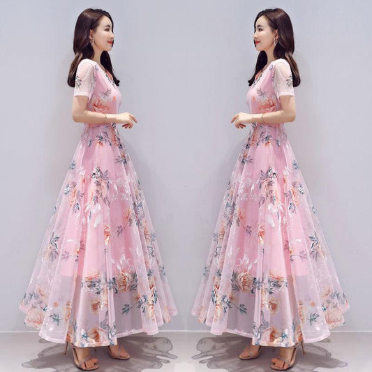 Embroidered Net Yarn Printed Chiffon Dress Summer Long Waist Short-sleeved Beach Skirt Long Skirt Temperament Elegant Long Skirt Women