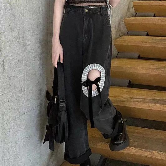 Cave Pants Women's Trend Fried Street Student Korean Version of The Loose Hollow Design High Waist Design Jeans