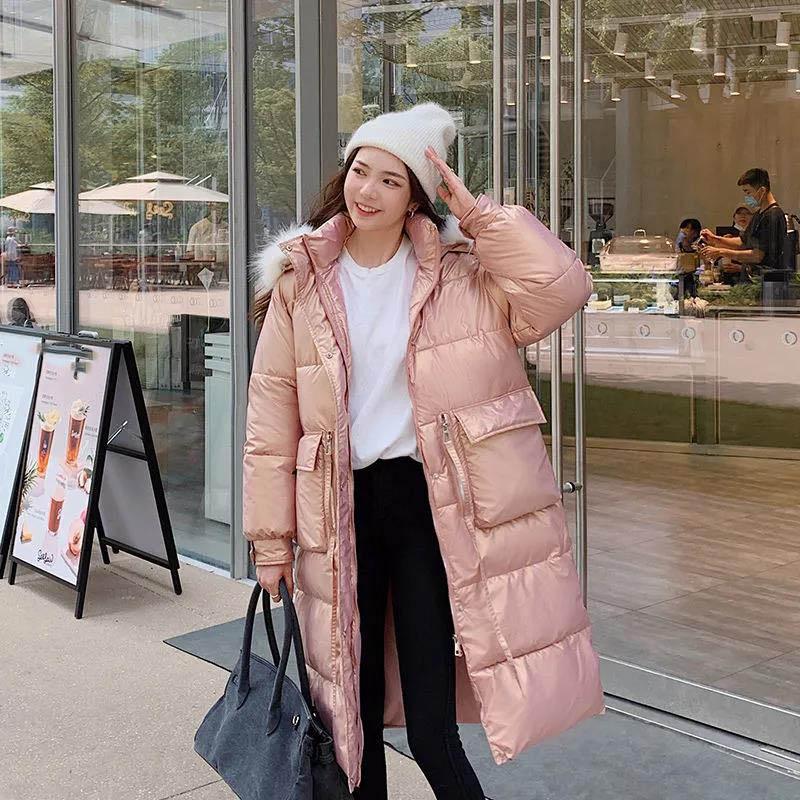Disposable Bright Face Down Padded Jacket Women's Mid-length Over-the-knee Winter Loose and Thick Large Fur Collar Cotton-padded Jacket