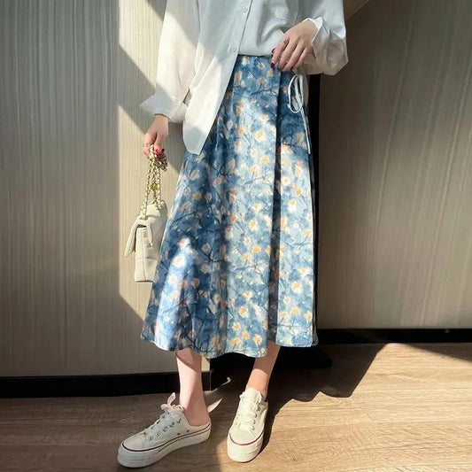 Women's Retro Oil Painting Floral Skirt Spring Summer Korean Style Loose All-match Thin A-line Large Swing Skirt Breathable Sweet Skirt