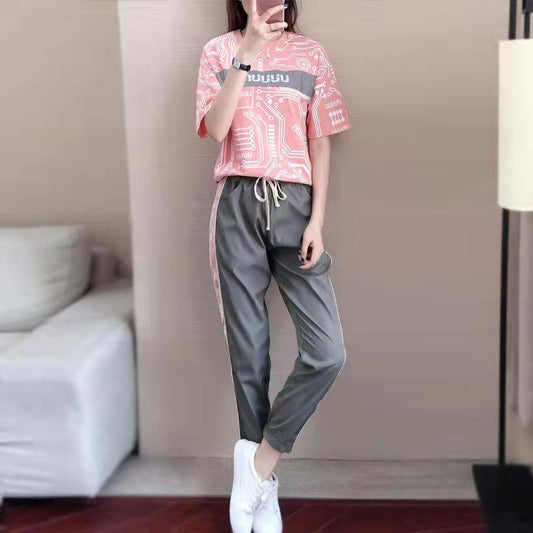 2PCS Women's Running Sports Suit Short Sleeve Top + Casual Pants Two-piece Loose Casual Wear Fitness Jogging Suit Tracksuit Ladies Sportswear