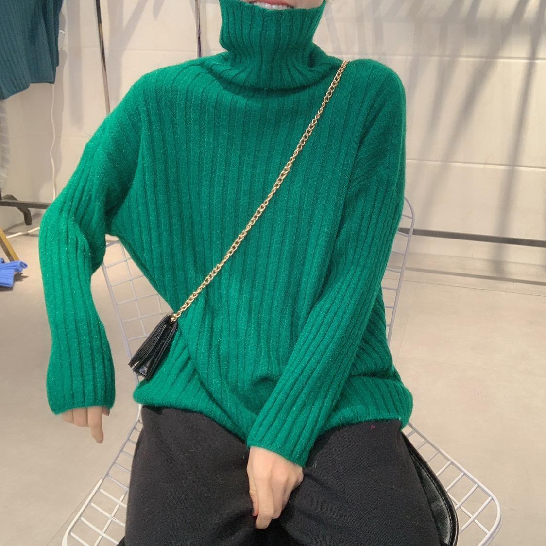 Pofulove Candy Color Pile Collar Sweater Women Autumn Winter Thick Solid Long Sleeve Loose Soft Base