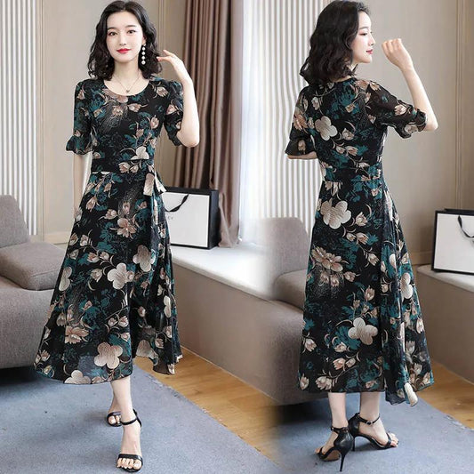 Short-sleeved Chiffon Dress Women's Summer Large Size Waist Was Thin and Long Round Neck Floral Skirt Fashionable Temperament