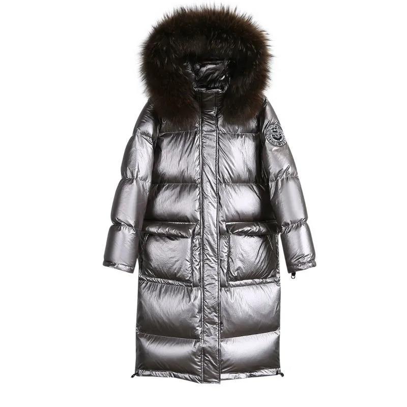 Winter Fashion Big Fur Collar Bright Face Down Padded Jacket Women Mid-length Thick Coat