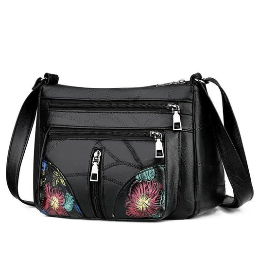 Women Multi-Layer Crossbody Bags Portable Large Capacity Classic Soft Surface Printing Black PU Leather