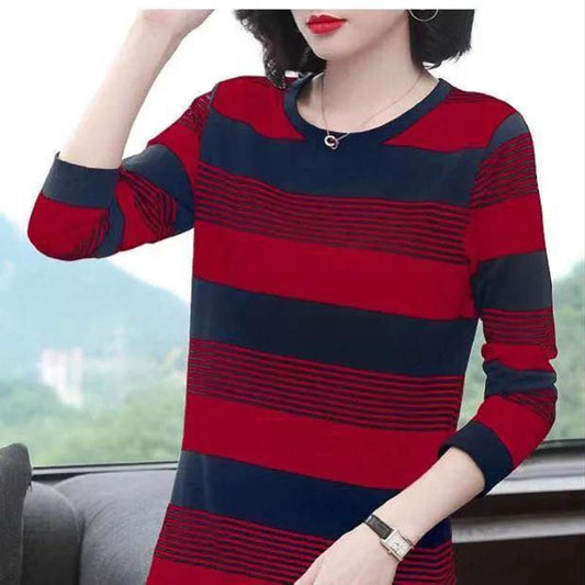 Mom Spring and Autumn Long Sleeve T-Shirt Loose Striped Top Short Casual Bottoming Shirt