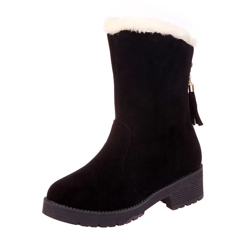 Snow Boots Women's Warm and Velvet Autumn and Winter Women's Short Boots Thick-soled Thick-heeled Fringed Mid-tube Boots