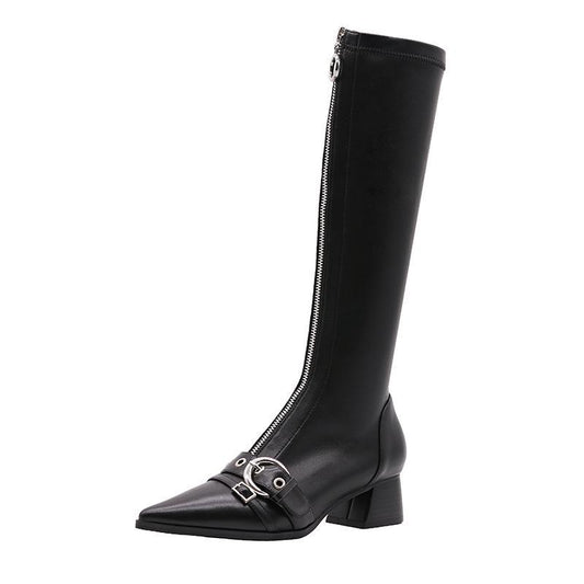 Sexy Elastic High Boots Pointed Toe Boots Zipper Chunky Heel Leather Knee-high Boots Winter