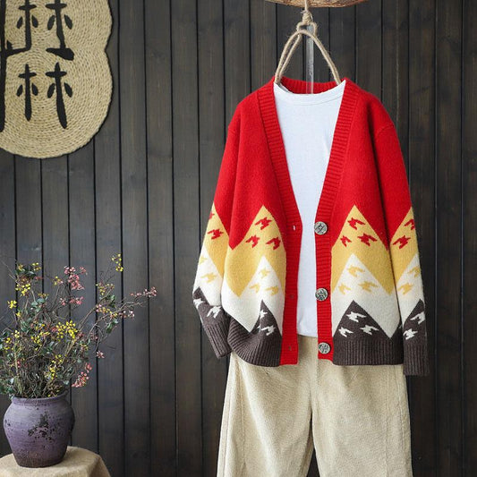 Color Matching Jacquard Knitted Sweater Cardigan Casual Versatile Knitted Sweater Jacket V-neck Long-sleeved Warm Retro Style