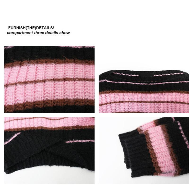 Diagonal Collar Loose Short Women Sweater Navel Contrast Stripe Long Sleeve Knit Sweater Casual Shirt