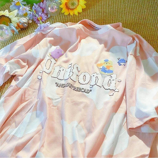 Contrast Color Loose Short-sleeved T-shirt Female Student Tide Brand Harajuku Style Half-sleeve Top